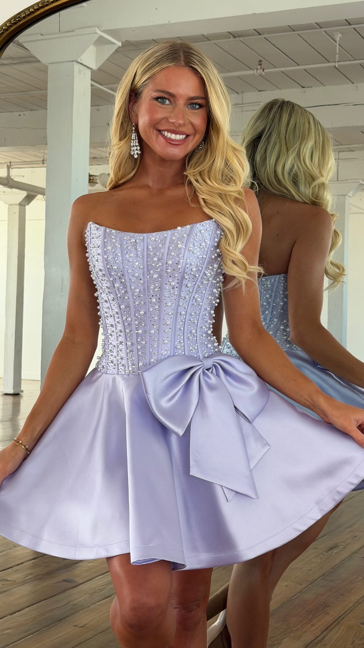 Lavender strapless pearl beaded corset bow A-line homecoming dress - front view