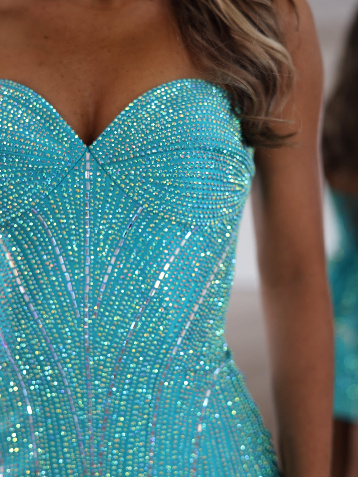 Mint green strapless rhinestone homecoming dress - bodice detail