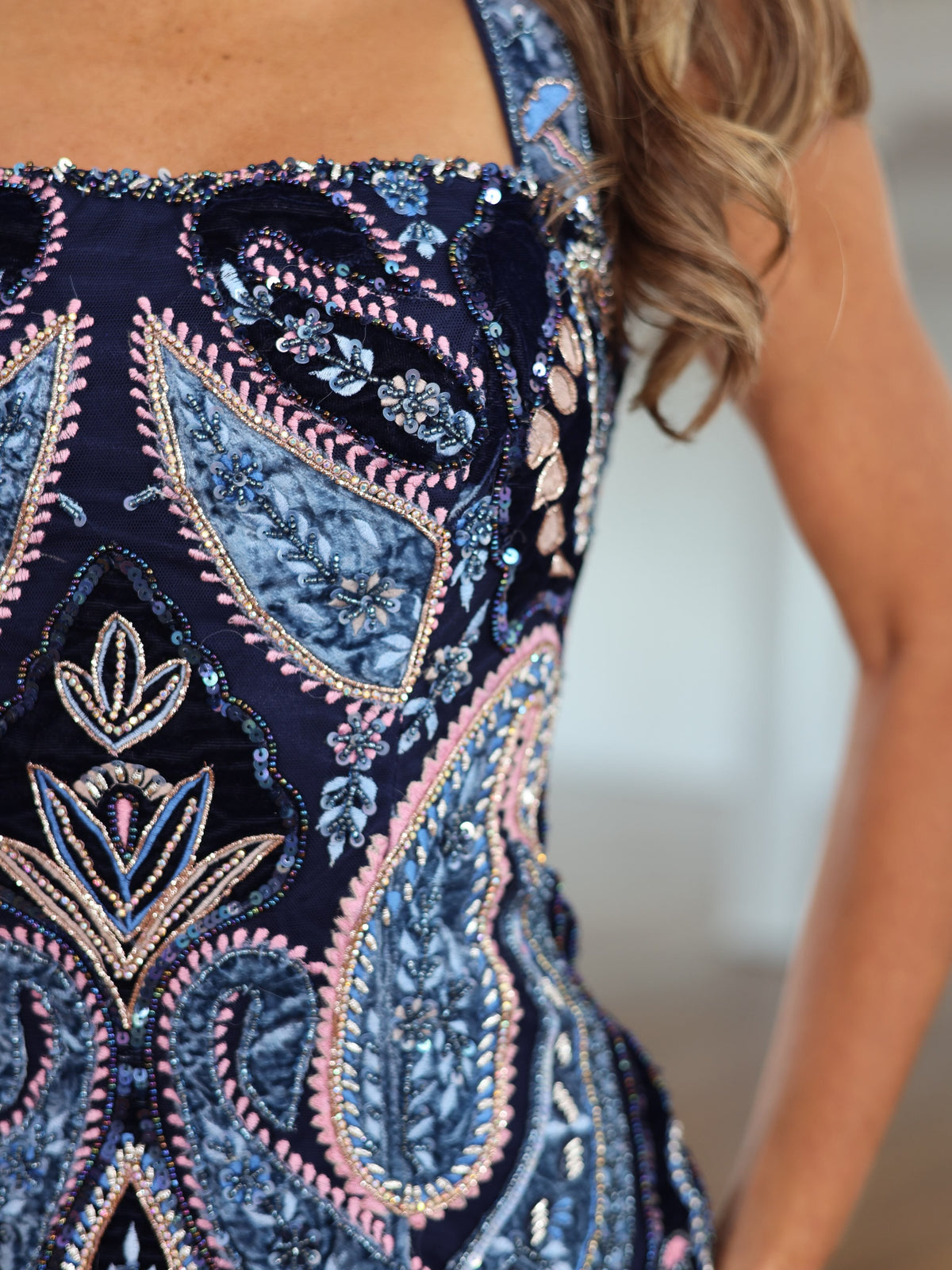HC208 Navy Paisley Homecoming Dress - Beading Detail