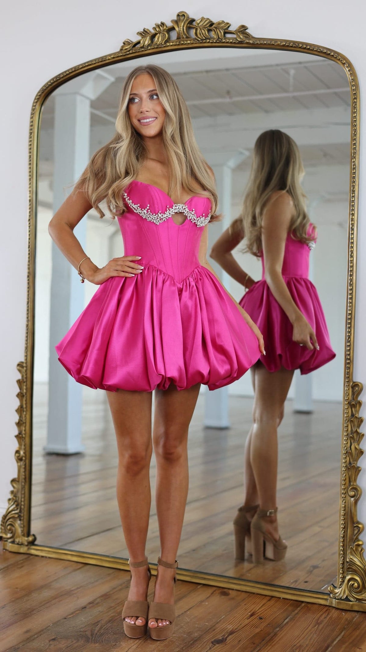HC217 Hot Pink Satin Bubble Skirt Corset Strapless Homecoming Dress - Front View