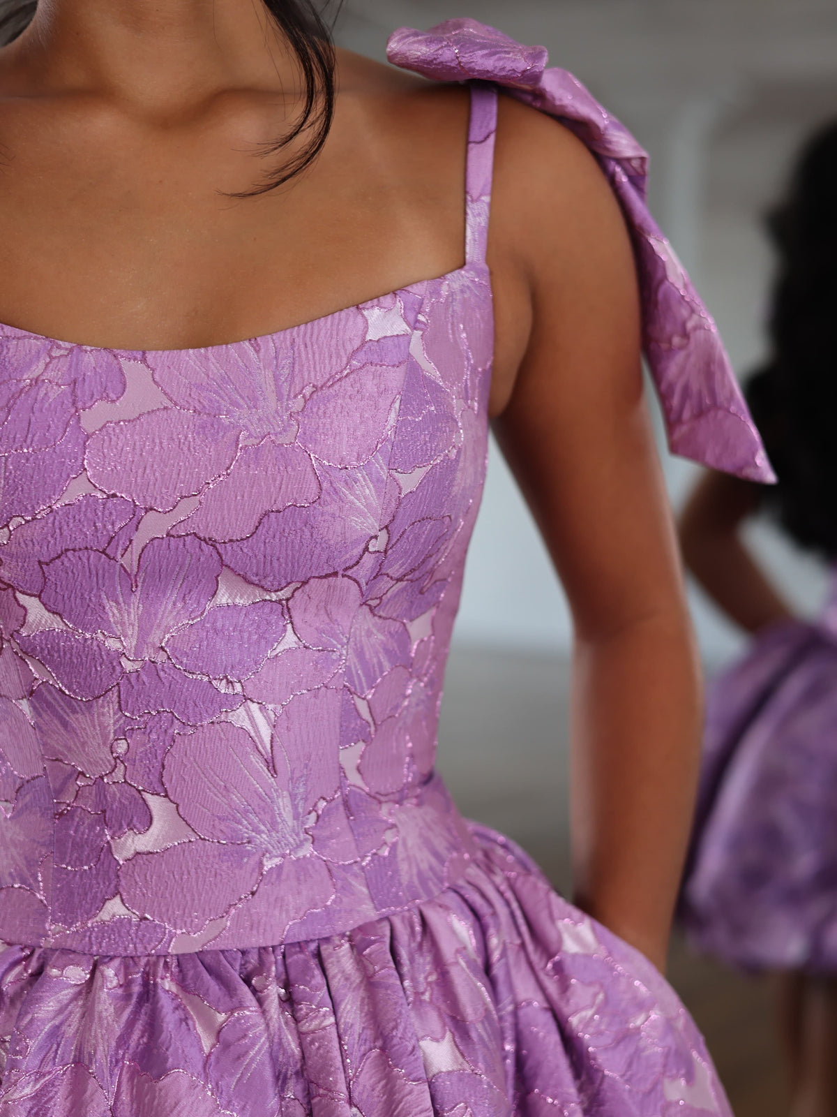 HC220 Lavender Jacquard Bow Strap Bubble Skirt Mini Homecoming Dress - Fabric Detail