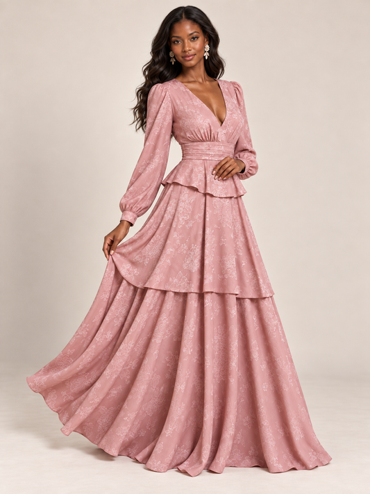 Blush Pink Floral Long Sleeve Maxi Dress