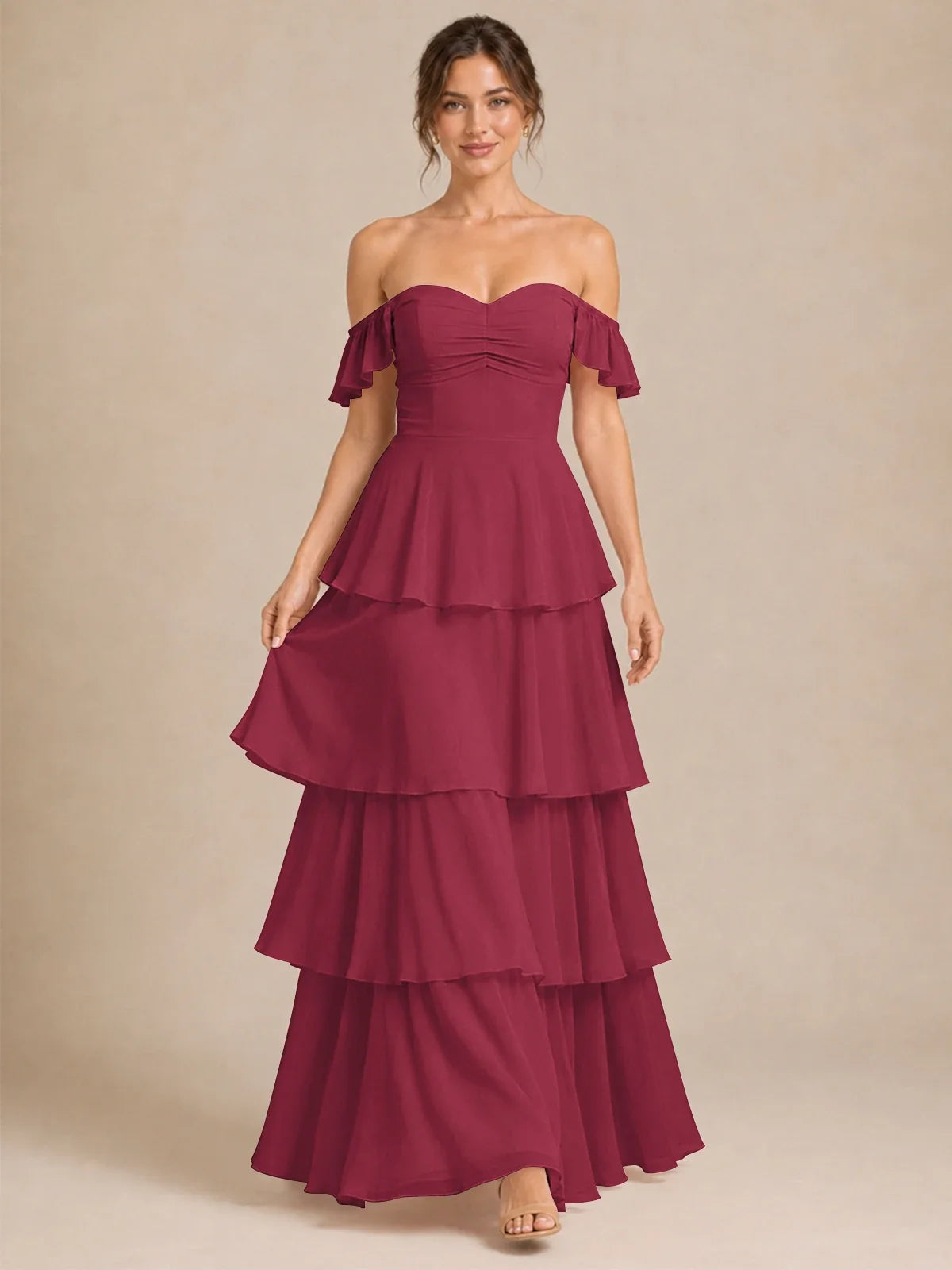 Off Shoulder Tiered Chiffon A-Line Bridesmaid Dress