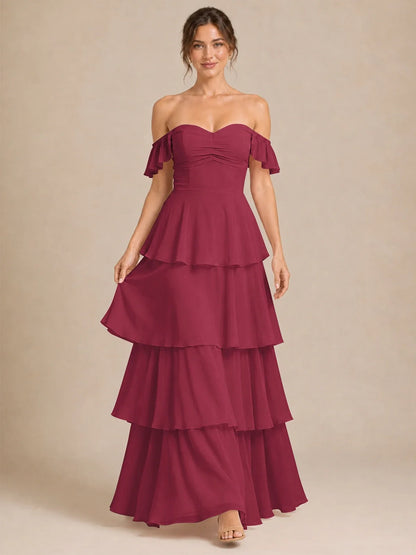 Off Shoulder Tiered Chiffon A-Line Bridesmaid Dress