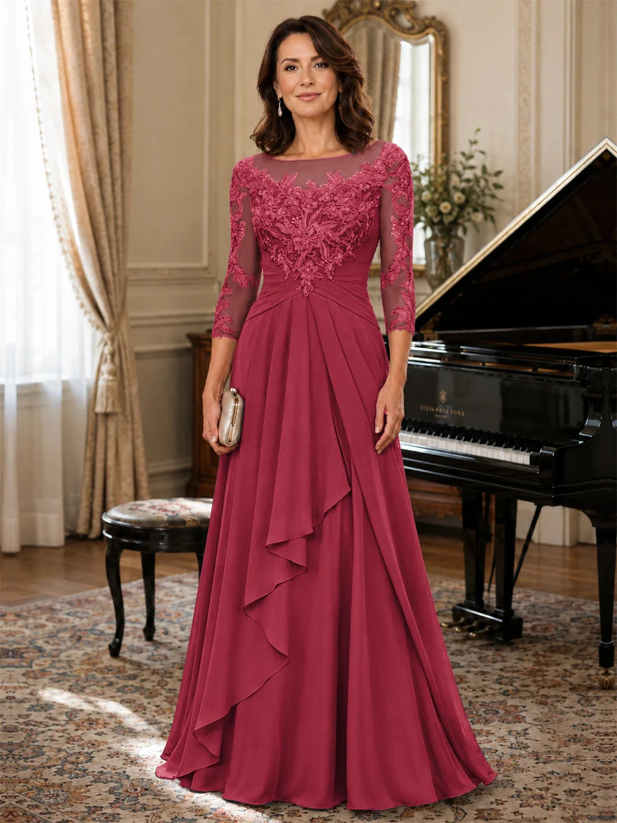 A-Line Chiffon Mother of the Bride Dress with Floral Applique 3/4 Sleeves