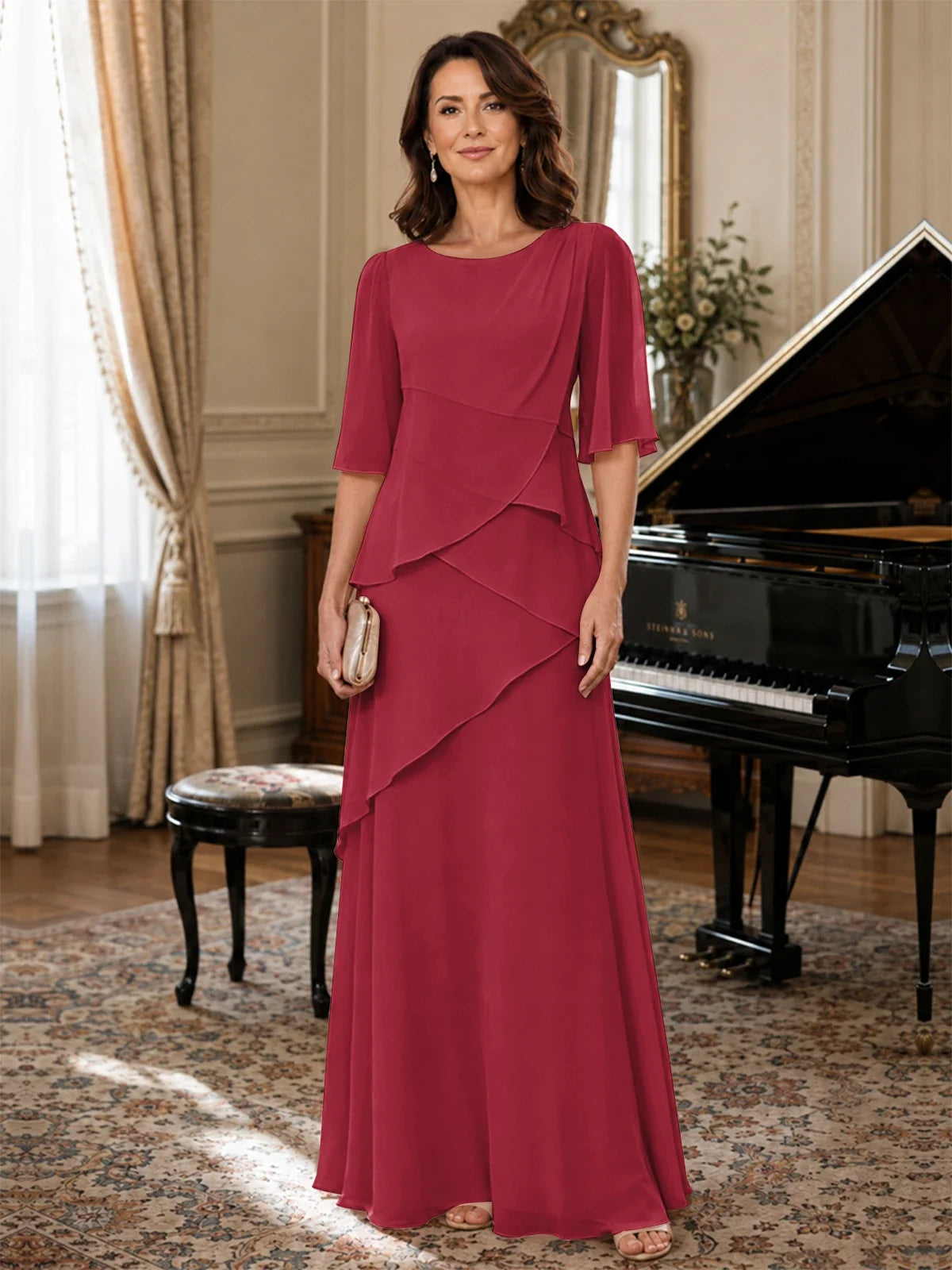 Asymmetric Draped Chiffon Mother of the Bride Dress with Flutter Sleeves