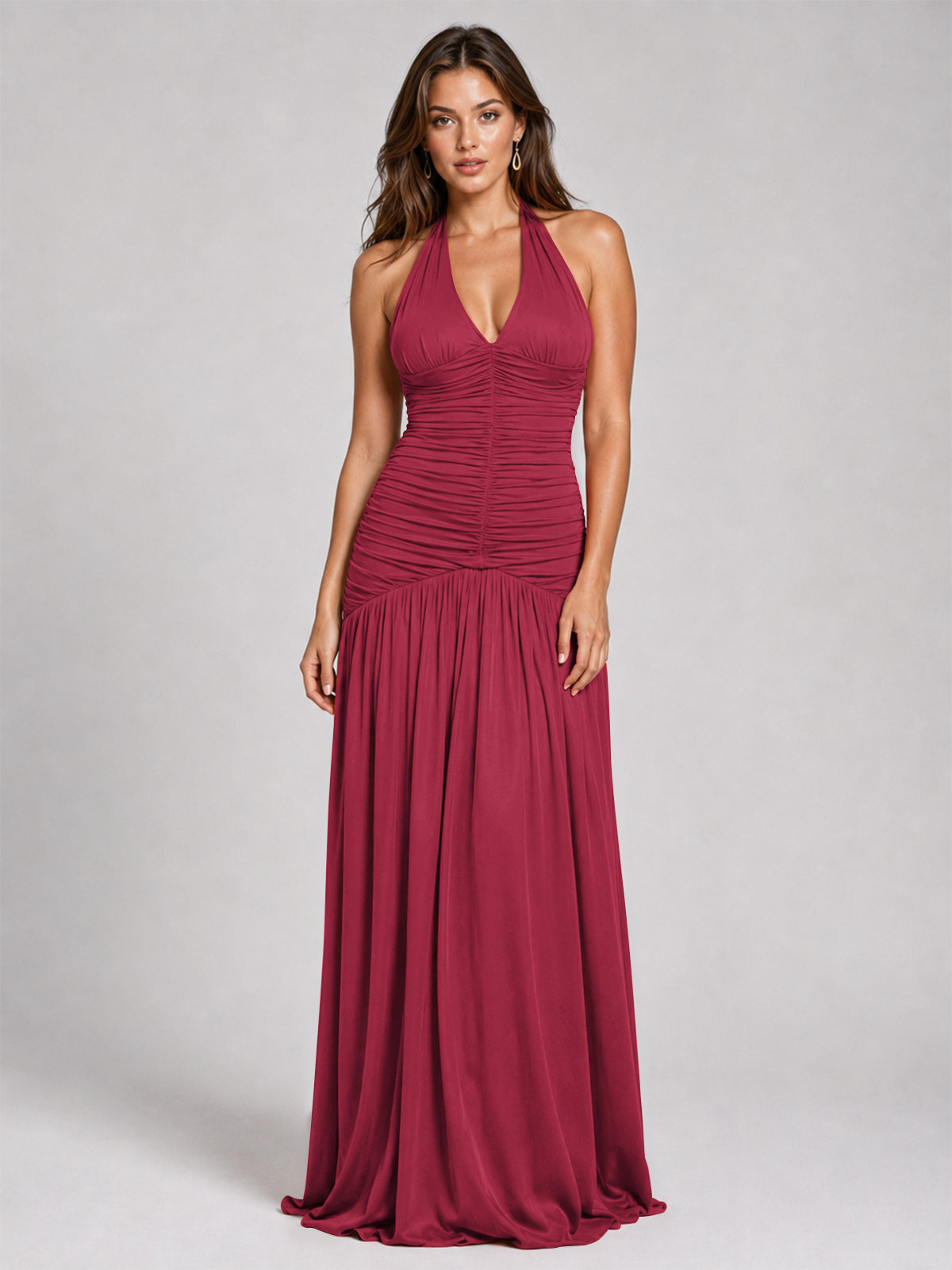 Burnt Orange Ruched Halter Drop-Waist Prom Dress