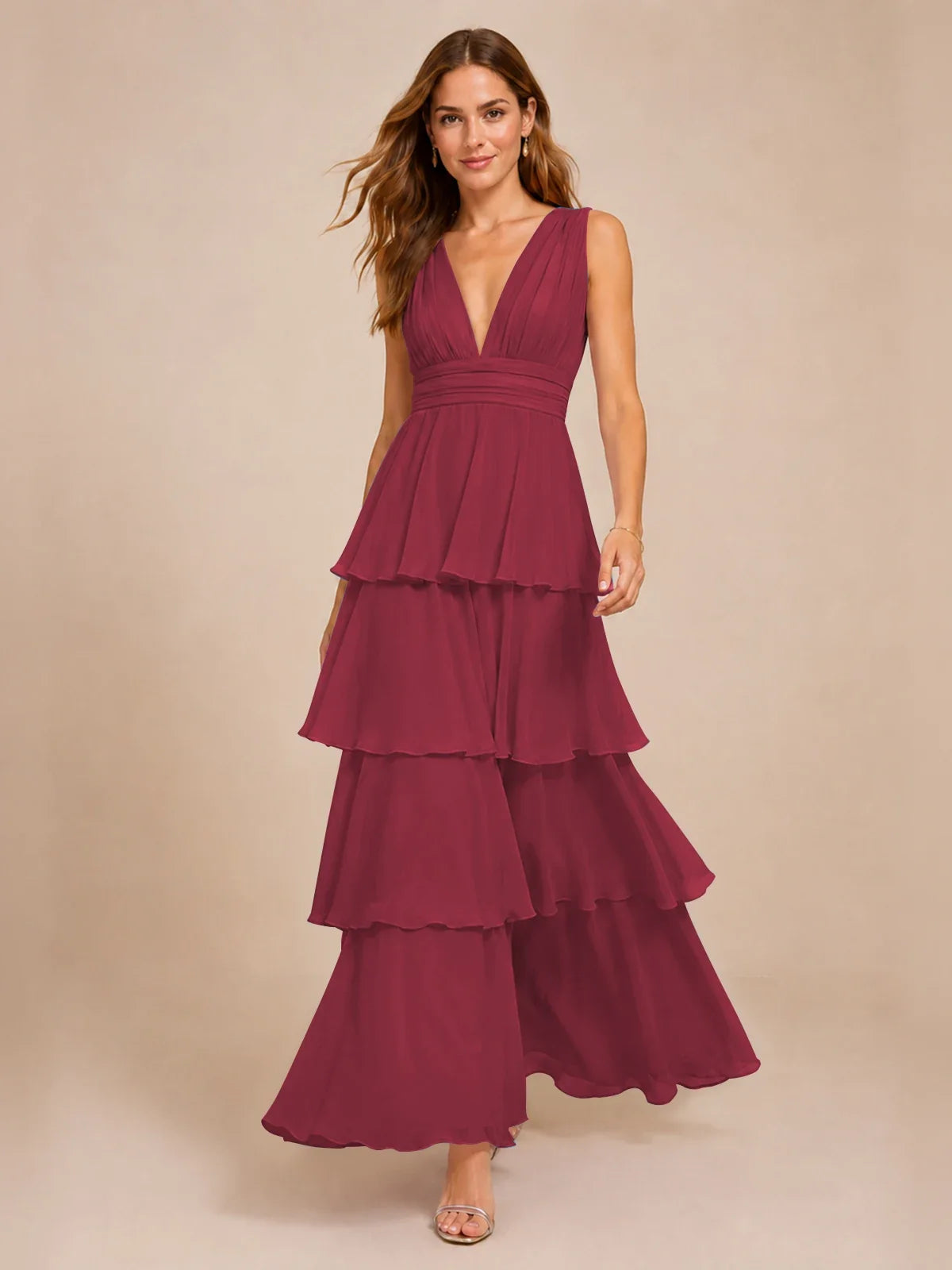 Elegant Deep V Neck Chiffon Bridesmaid Dress with Tiered Ruffles