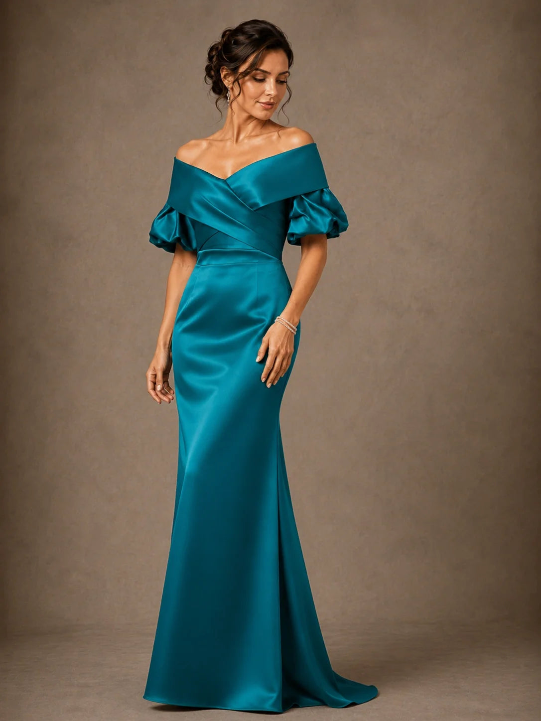 Off Shoulder Satin Puff Sleeve Mother of the Bride Gown
