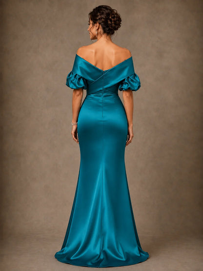 Off Shoulder Satin Puff Sleeve Mother of the Bride Gown