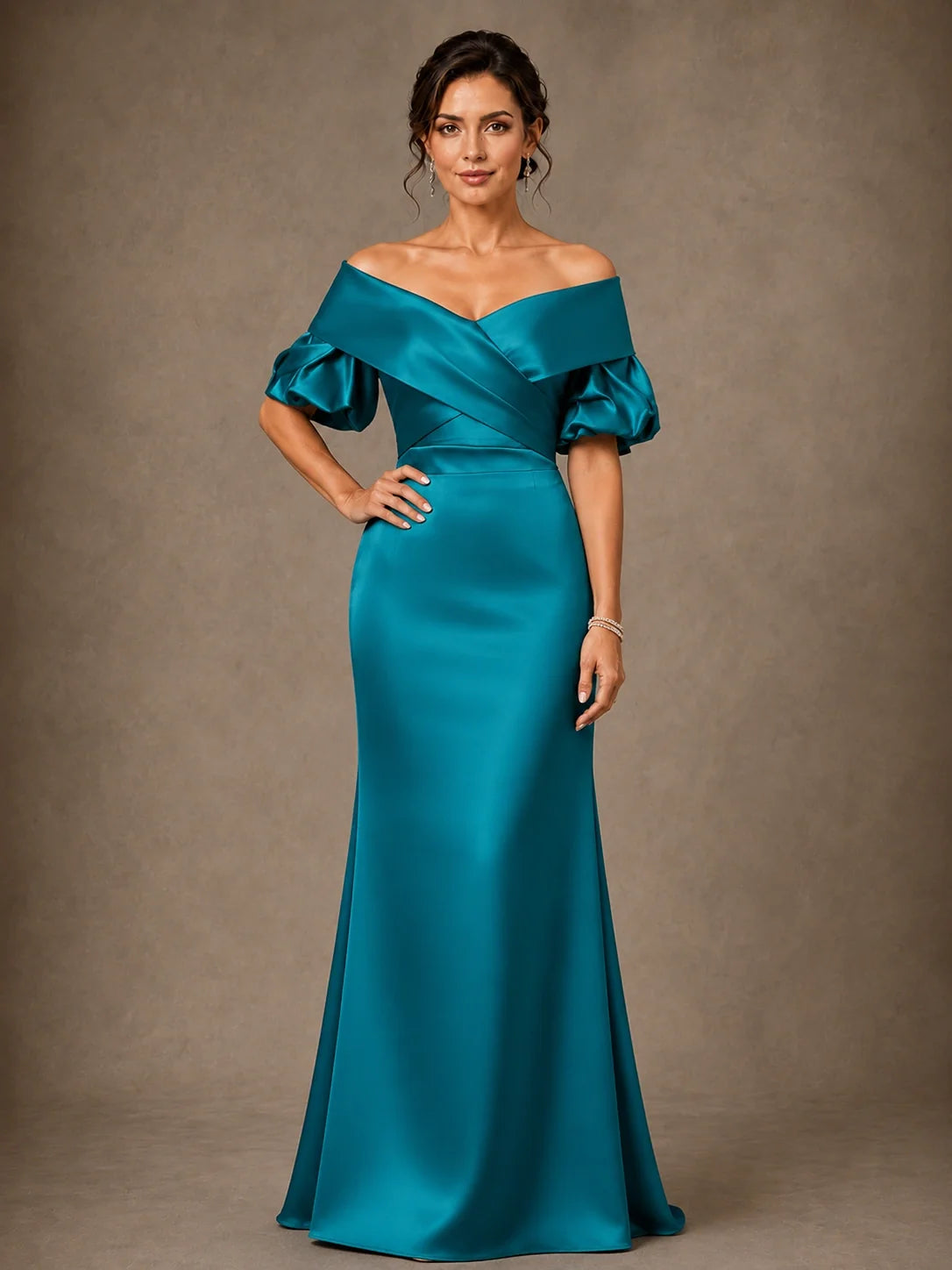 Off Shoulder Satin Puff Sleeve Mother of the Bride Gown