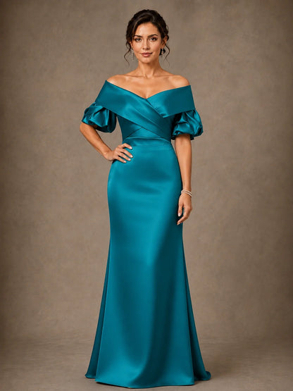 Off Shoulder Satin Puff Sleeve Mother of the Bride Gown