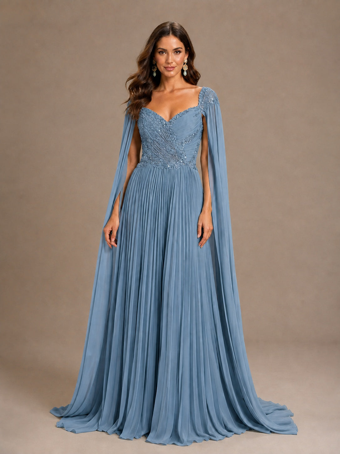 Sage Green Beaded Cape Sleeve Mother of the Bride Dress