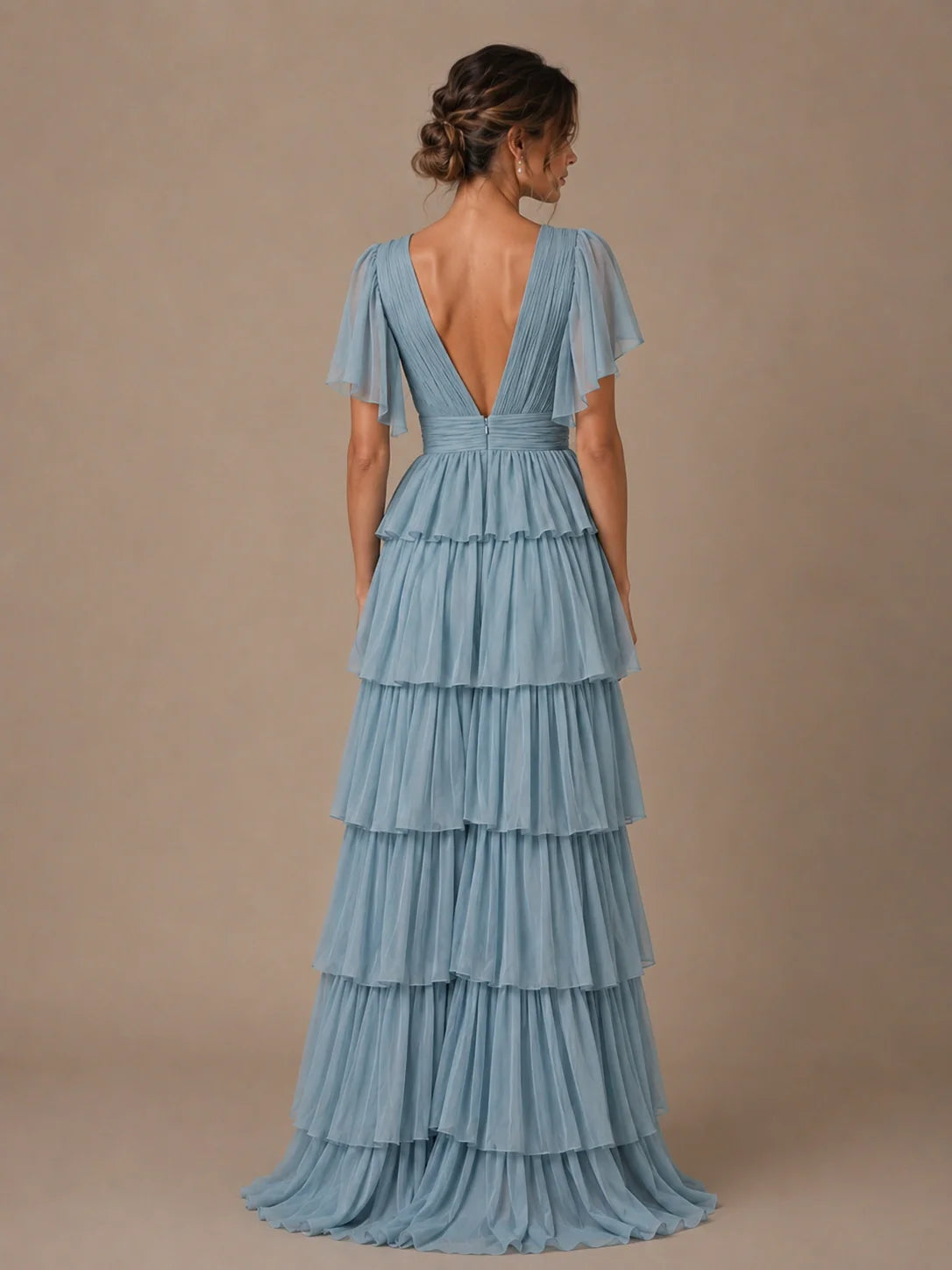 Dusty Blue Chiffon V-Neck Tiered Ruffle Bridesmaid Dress with Slit