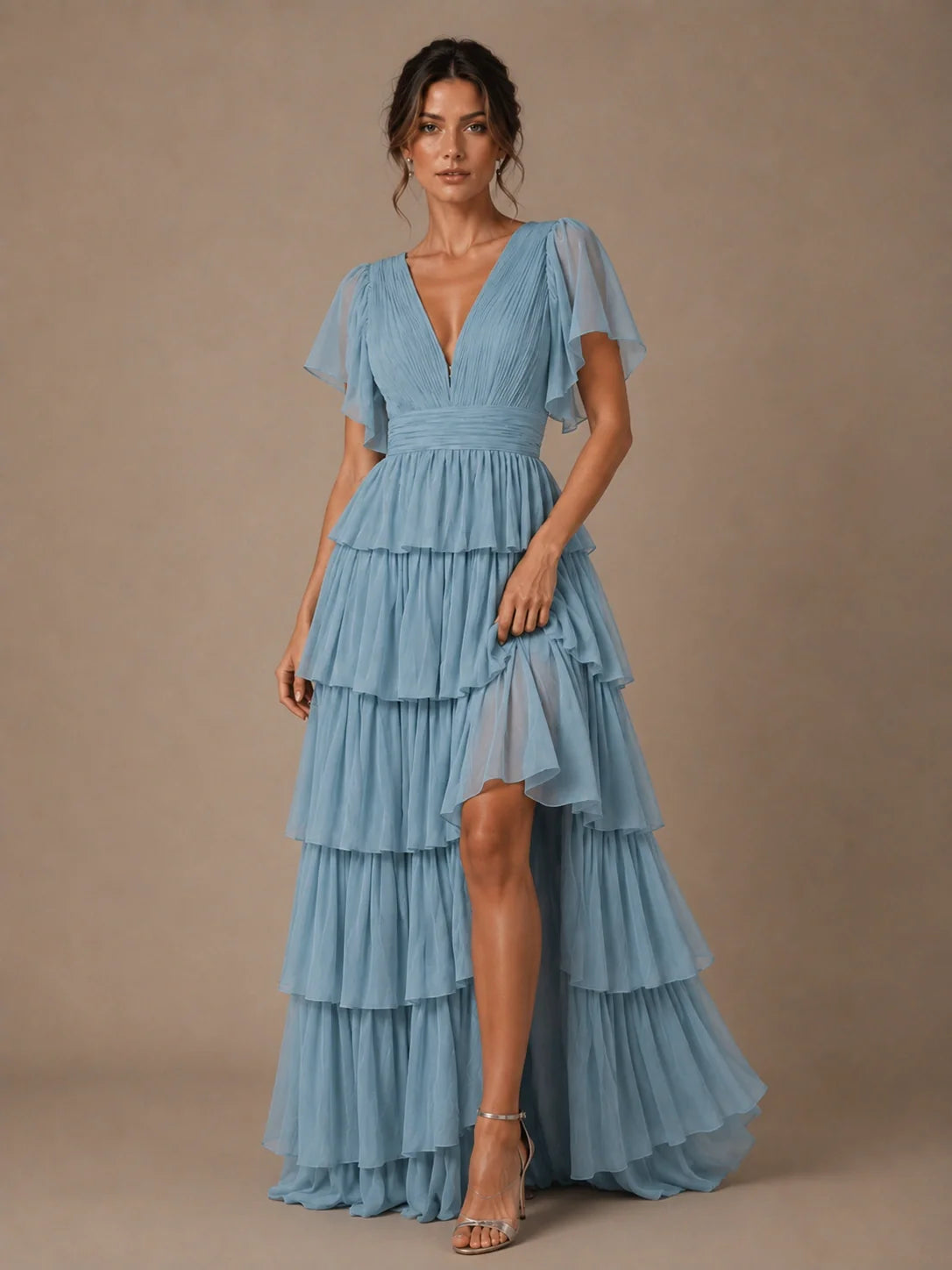 Dusty Blue Chiffon V-Neck Tiered Ruffle Bridesmaid Dress with Slit