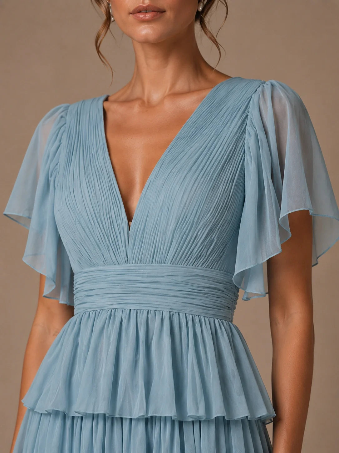 Dusty Blue Chiffon V-Neck Tiered Ruffle Bridesmaid Dress with Slit