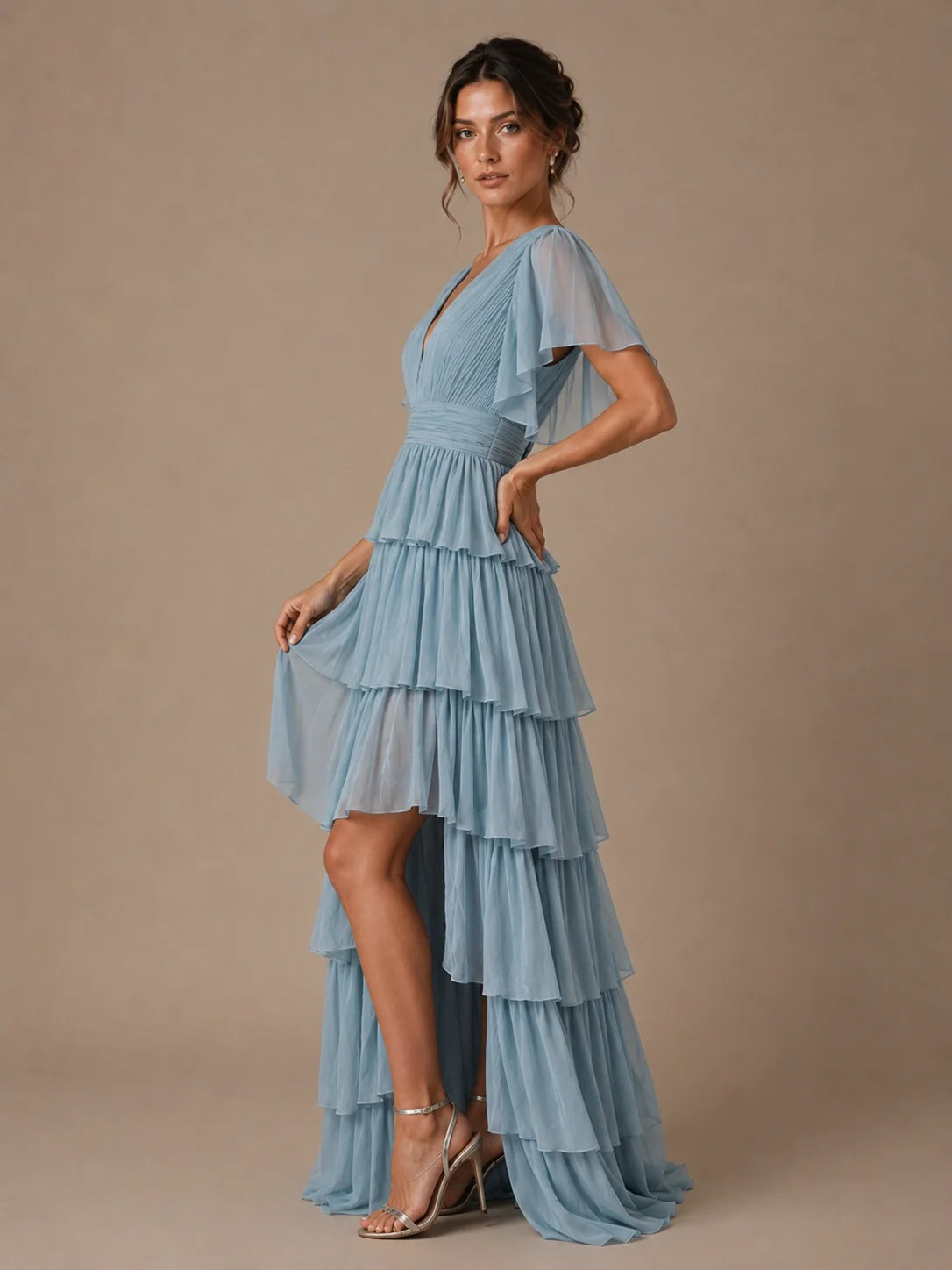 Dusty Blue Chiffon V-Neck Tiered Ruffle Bridesmaid Dress with Slit