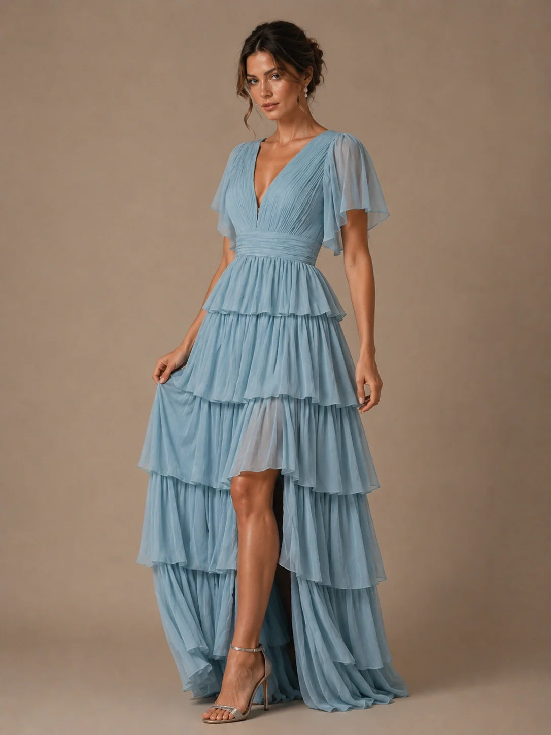Dusty Blue Chiffon V-Neck Tiered Ruffle Bridesmaid Dress with Slit