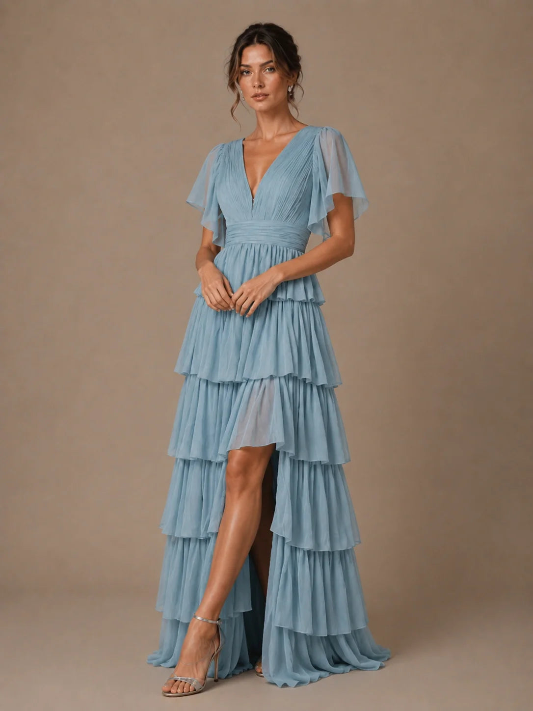 Dusty Blue Chiffon V-Neck Tiered Ruffle Bridesmaid Dress with Slit