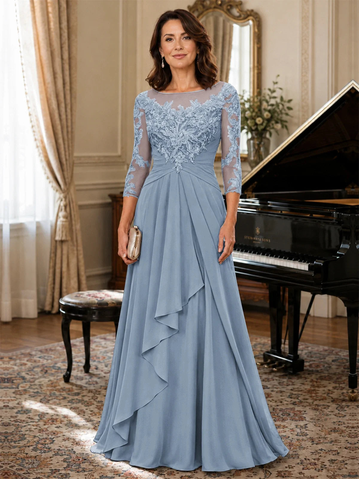A-Line Chiffon Mother of the Bride Dress with Floral Applique 3/4 Sleeves
