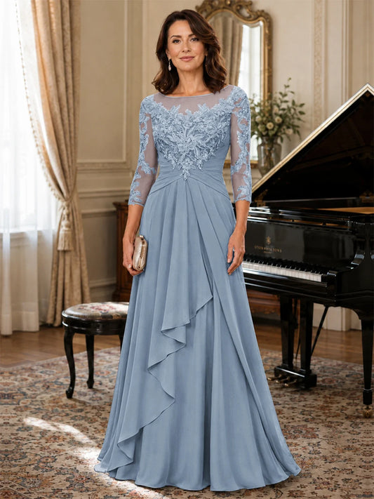 A-Line Chiffon Mother of the Bride Dress with Floral Applique 3/4 Sleeves
