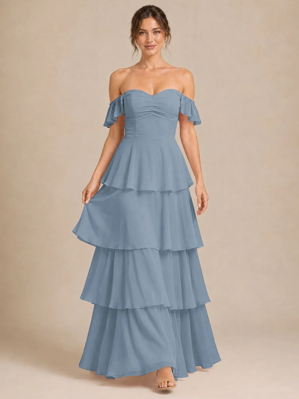 Off Shoulder Tiered Chiffon A-Line Bridesmaid Dress