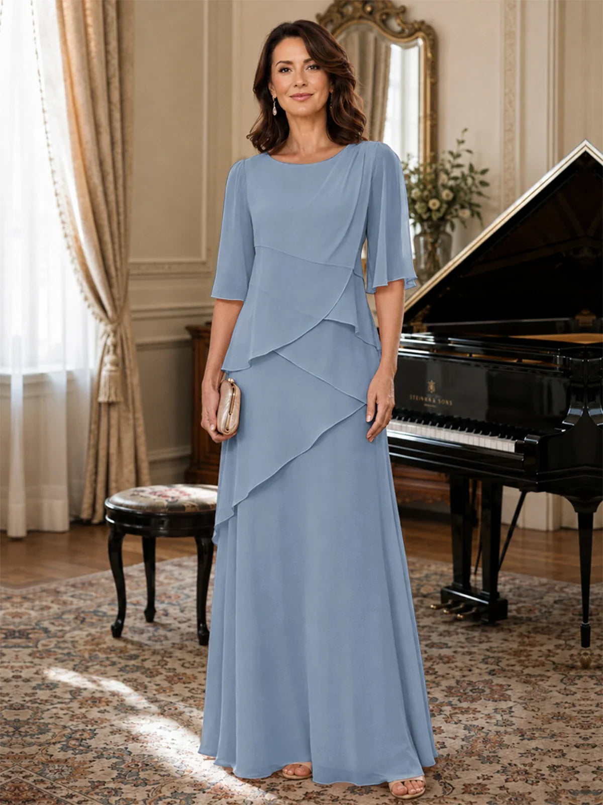 Asymmetric Draped Chiffon Mother of the Bride Dress with Flutter Sleeves