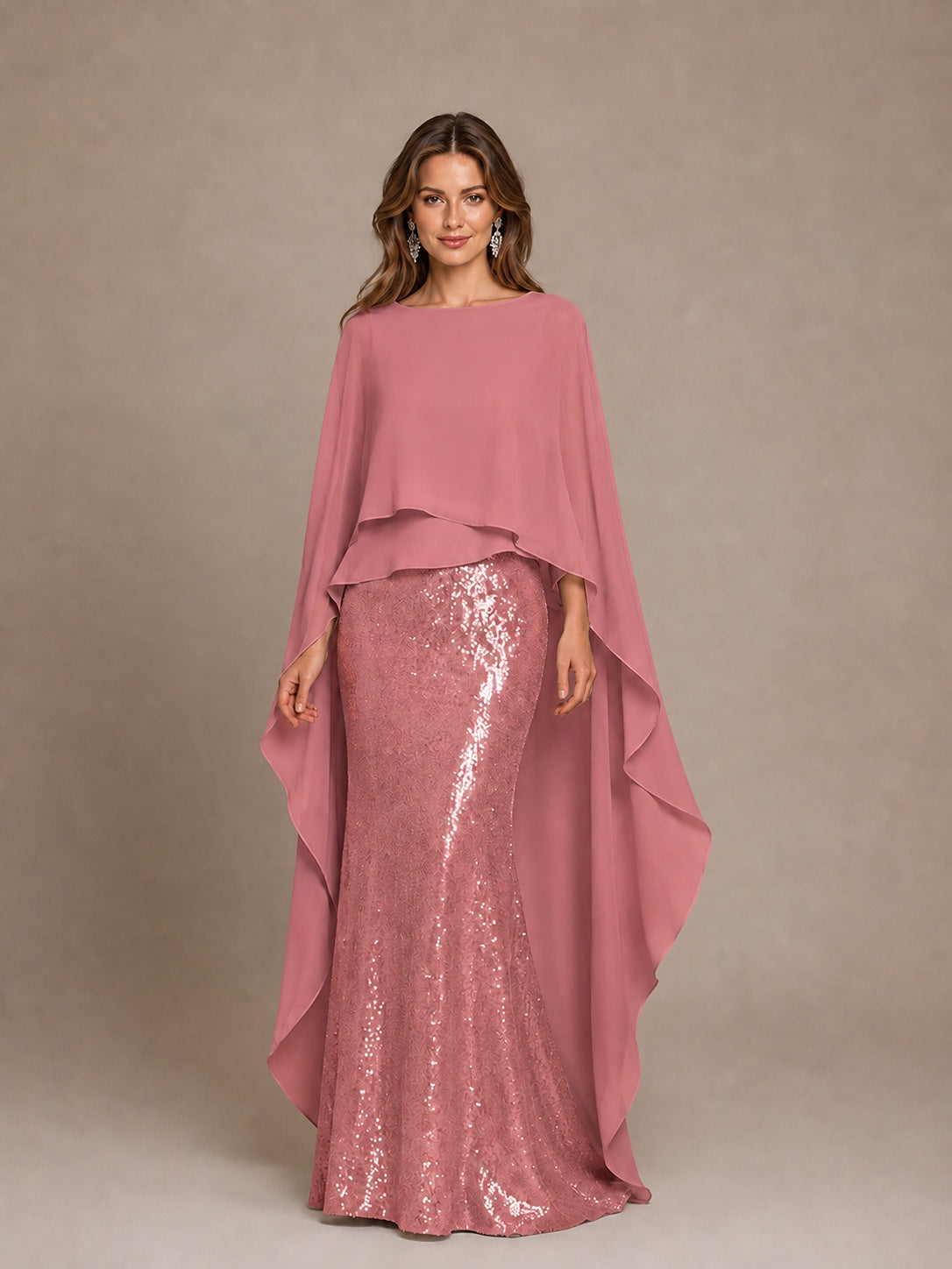 Sage Green Sequin Cape Sleeve Mother of the Bride Gown