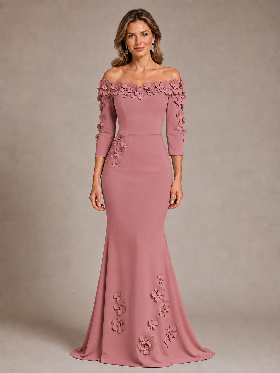 Light Blue 3D Floral Applique Off-the-Shoulder Mother of the Bride Dress