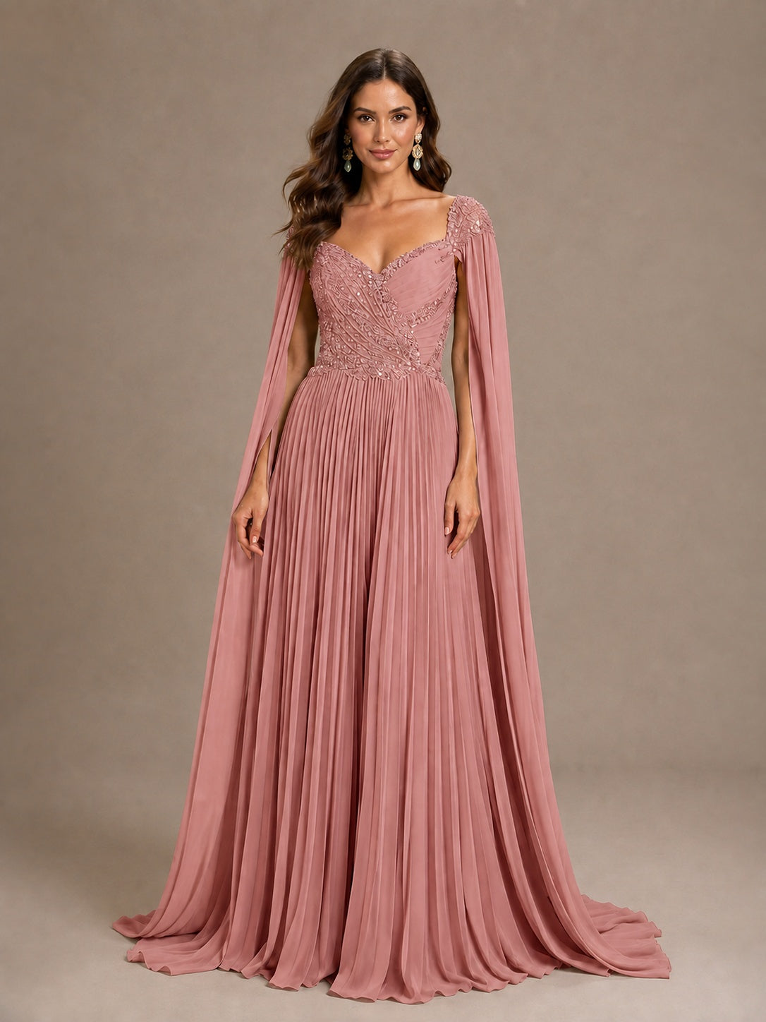 Sage Green Beaded Cape Sleeve Mother of the Bride Dress
