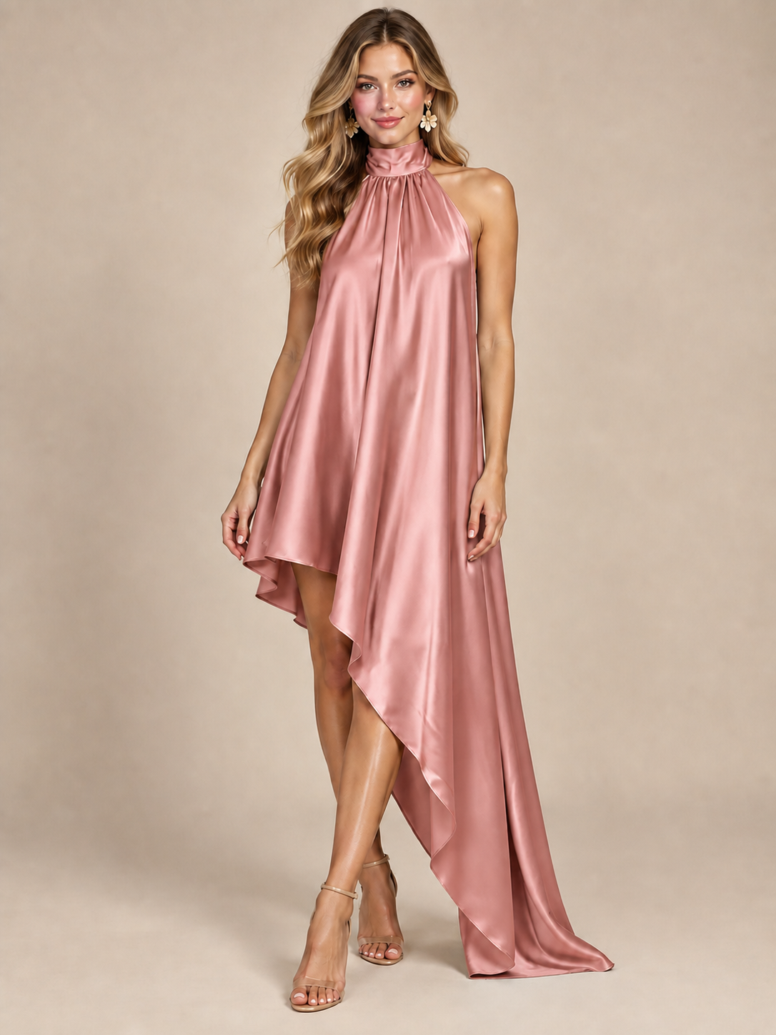 Sage Green Satin Halter Neck High-Low Maxi Dress