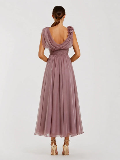 Dusty Rose Chiffon Mother of the Bride Dress with Floral Applique