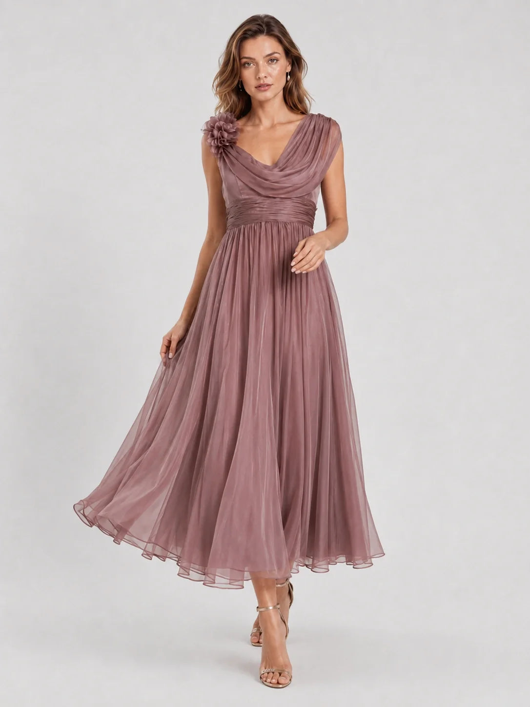 Dusty Rose Chiffon Mother of the Bride Dress with Floral Applique