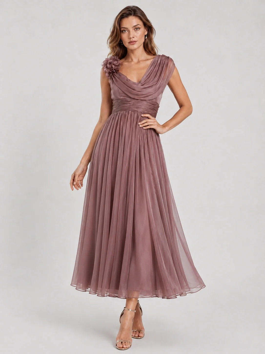 Dusty Rose Chiffon Mother of the Bride Dress with Floral Applique