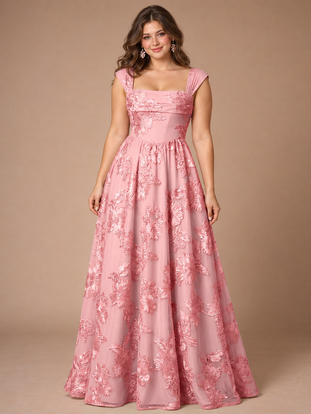 Dusty Rose Floral Lace Applique Square Neck A-Line Evening Gown