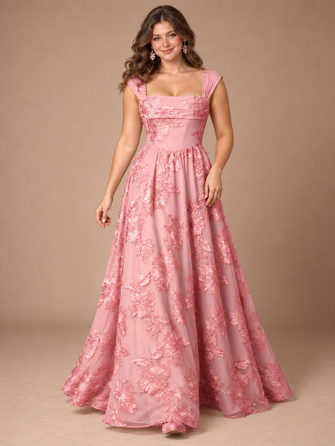 Dusty Rose Floral Lace Applique Square Neck A-Line Evening Gown