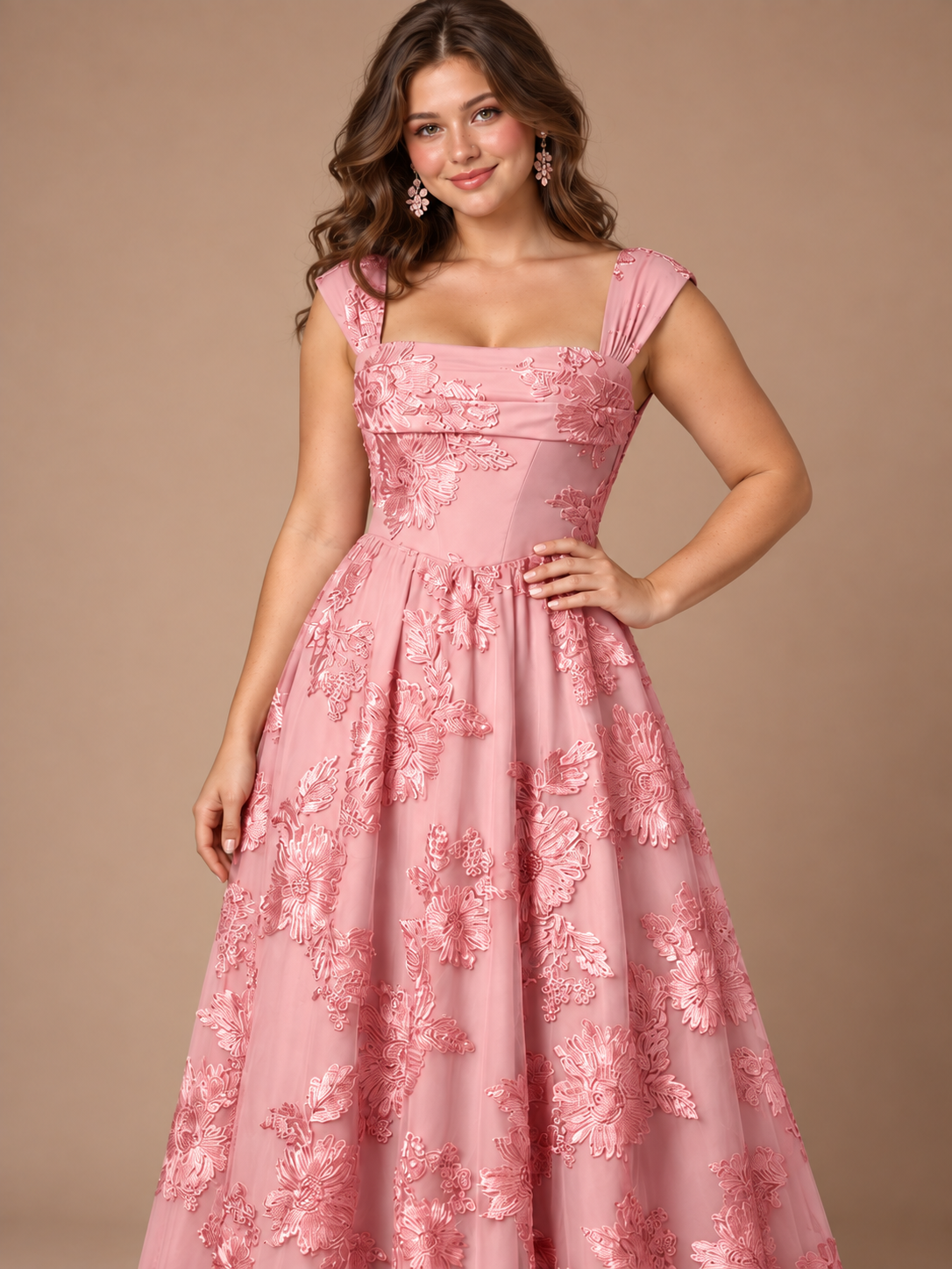 Dusty Rose Floral Lace Applique Square Neck A-Line Evening Gown