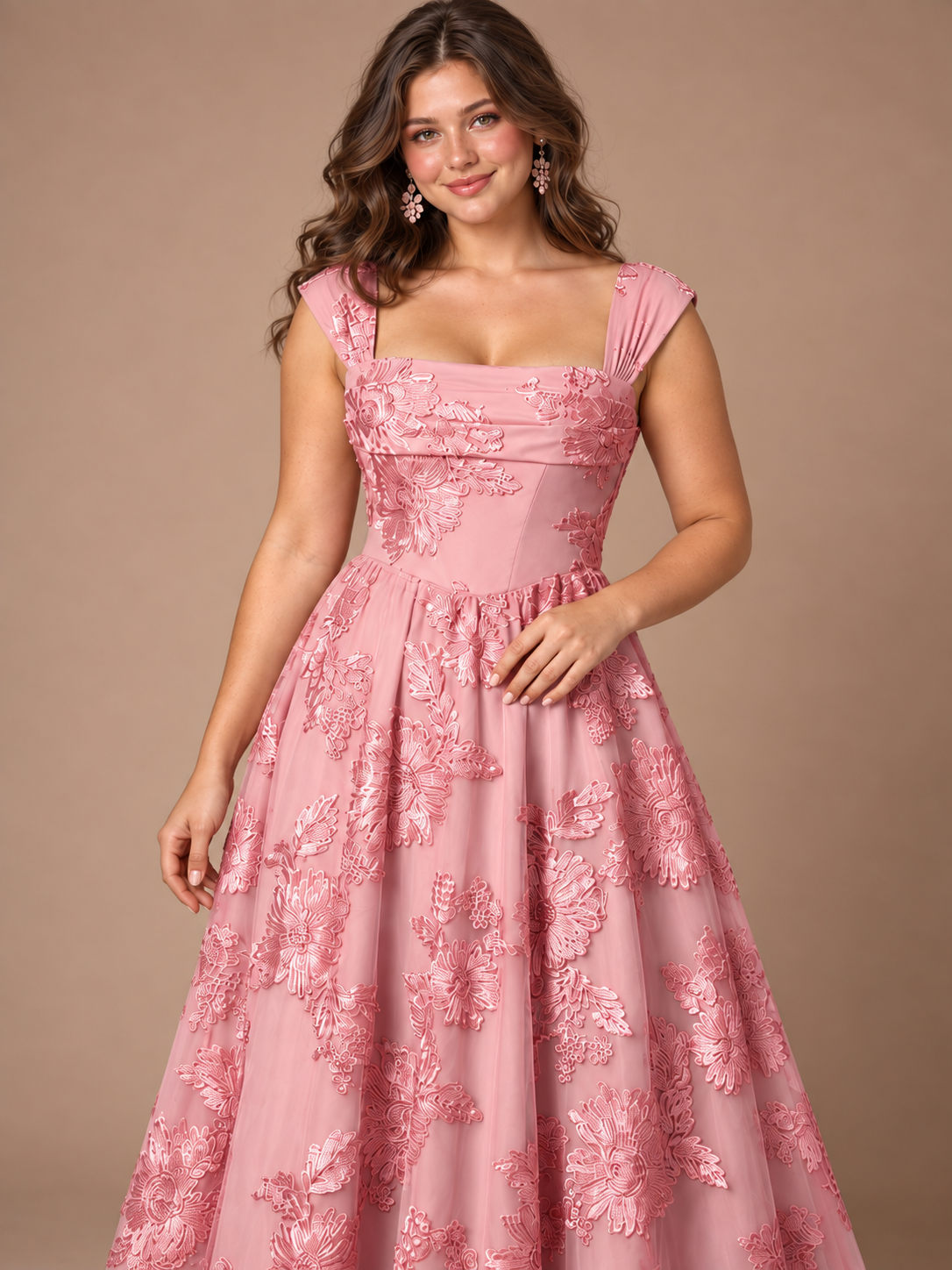 Dusty Rose Floral Lace Applique Square Neck A-Line Evening Gown