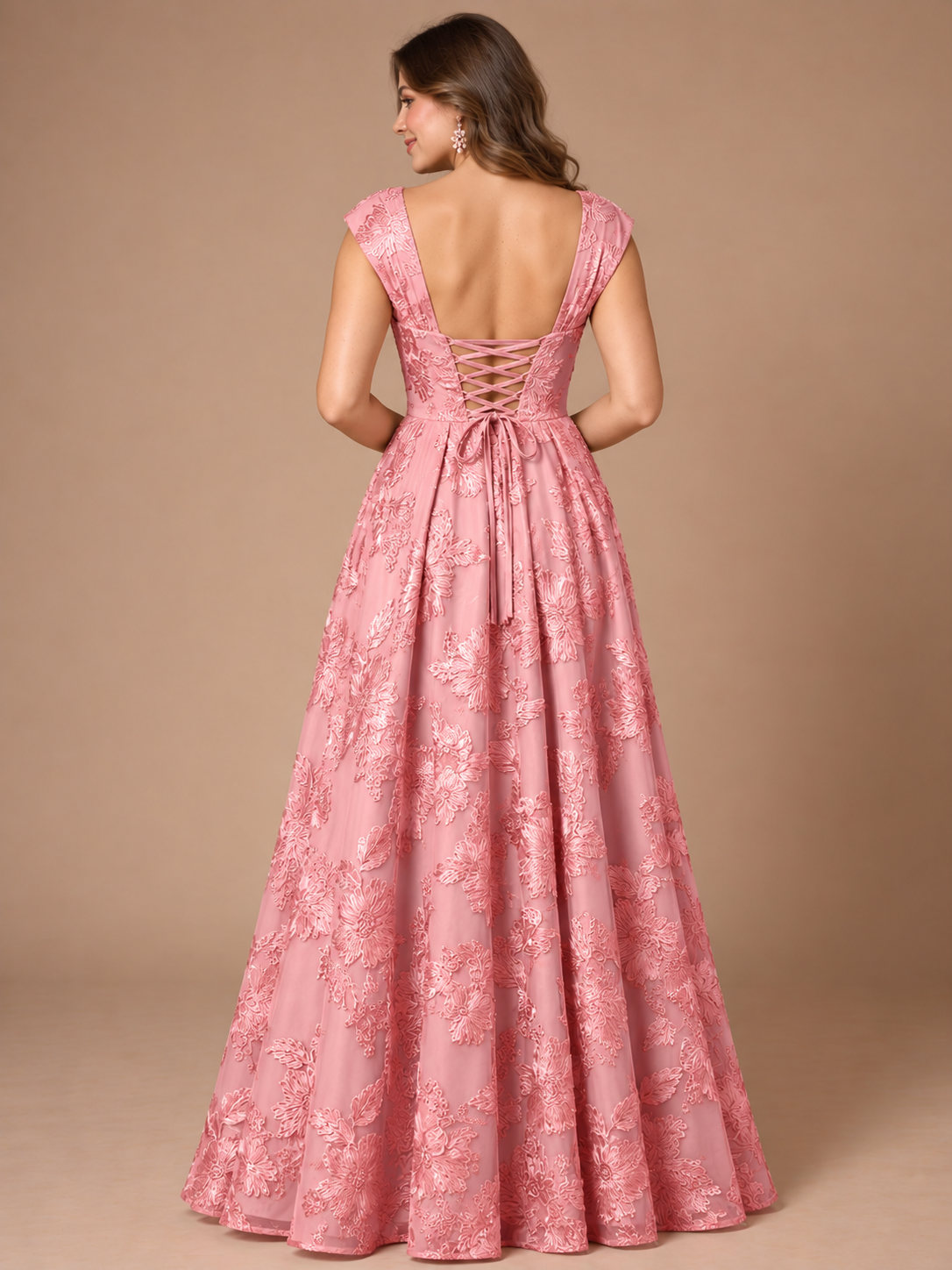 Dusty Rose Floral Lace Applique Square Neck A-Line Evening Gown