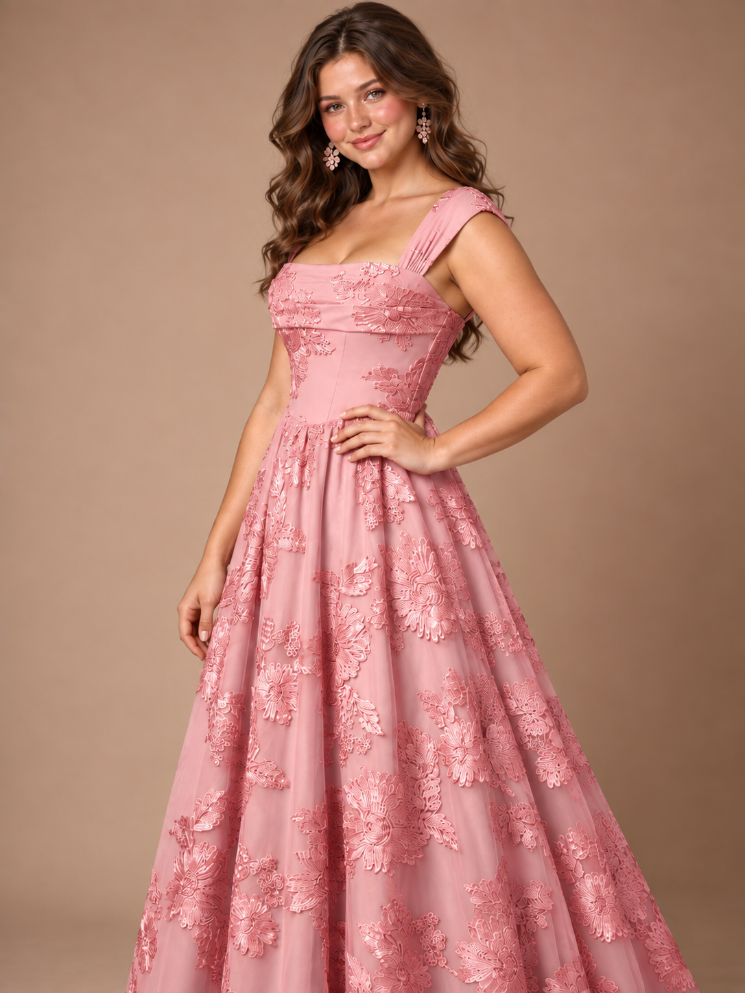 Dusty Rose Floral Lace Applique Square Neck A-Line Evening Gown