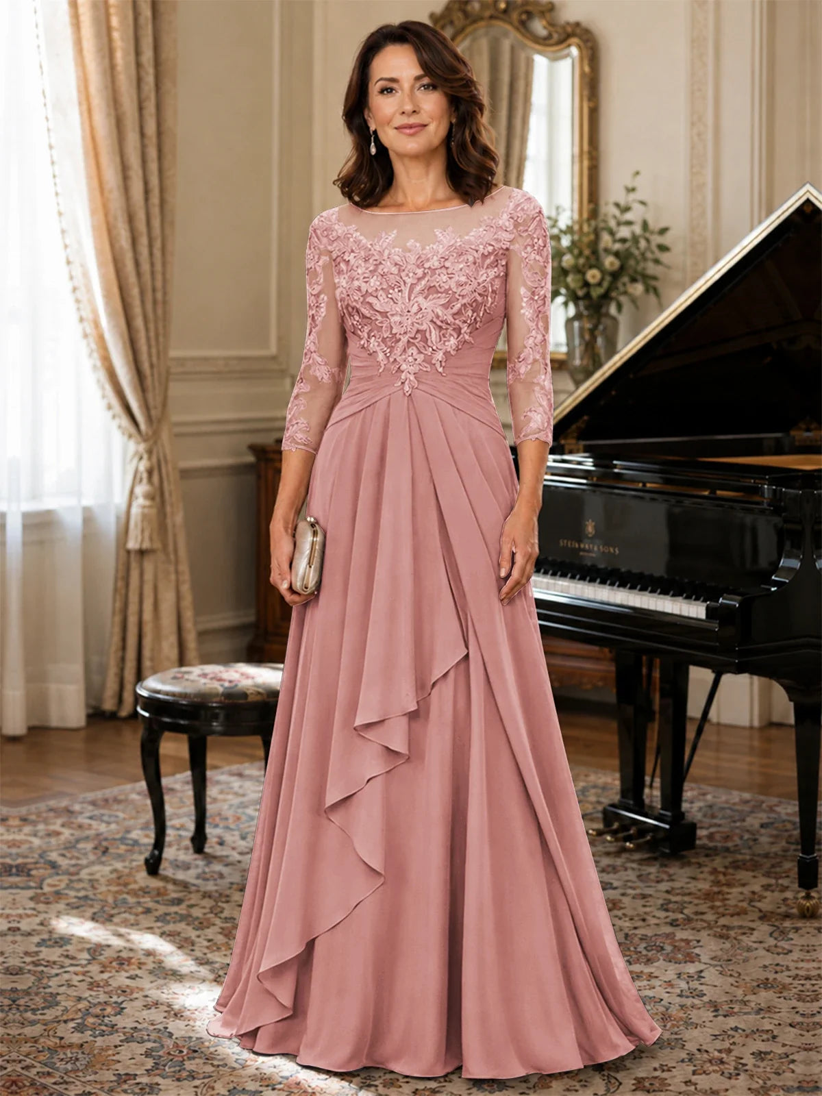 A-Line Chiffon Mother of the Bride Dress with Floral Applique 3/4 Sleeves