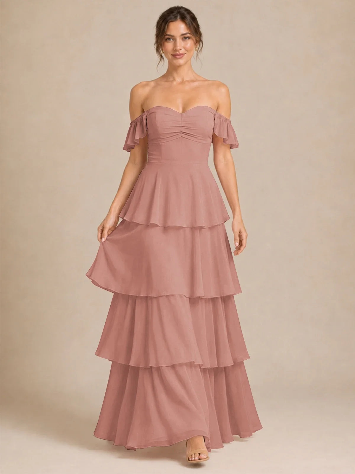 Off Shoulder Tiered Chiffon A-Line Bridesmaid Dress