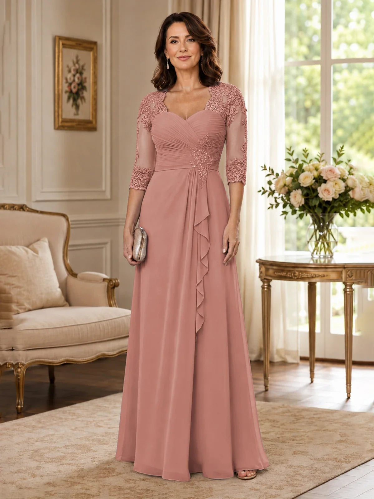 Chiffon Lace Applique Mother of the Bride Dress with 3/4 Sleeves