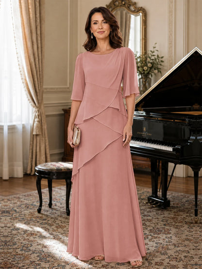 Asymmetric Draped Chiffon Mother of the Bride Dress with Flutter Sleeves