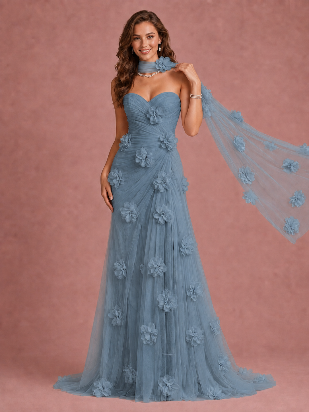 Blush Pink Strapless Sweetheart 3D Floral Tulle Mermaid Prom Dress
