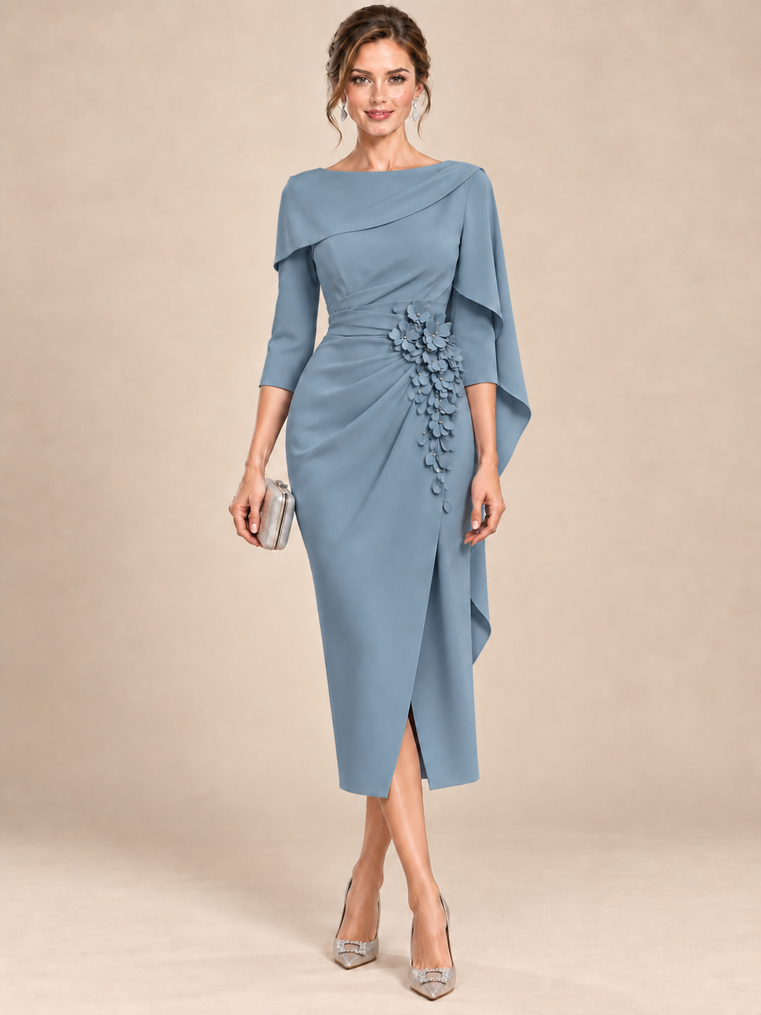 Light Blue Cape Sleeve Mother of the Bride Midi Dress with Floral Applique