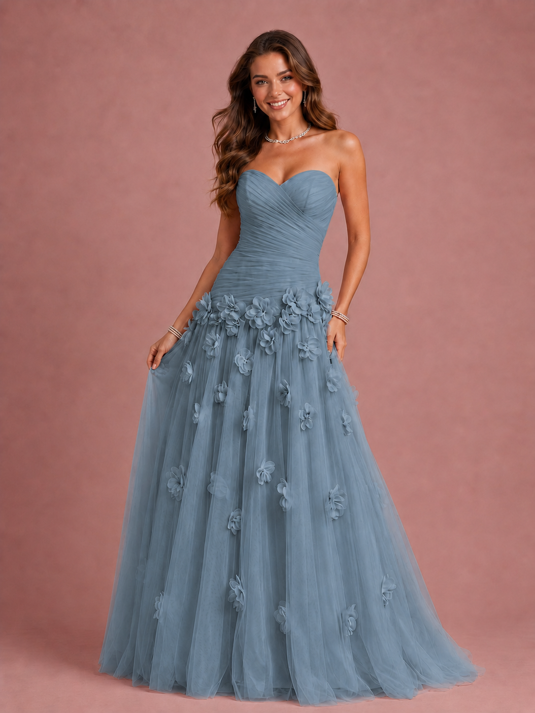 Blush Pink Strapless Sweetheart 3D Floral Tulle Ball Gown Prom Dres