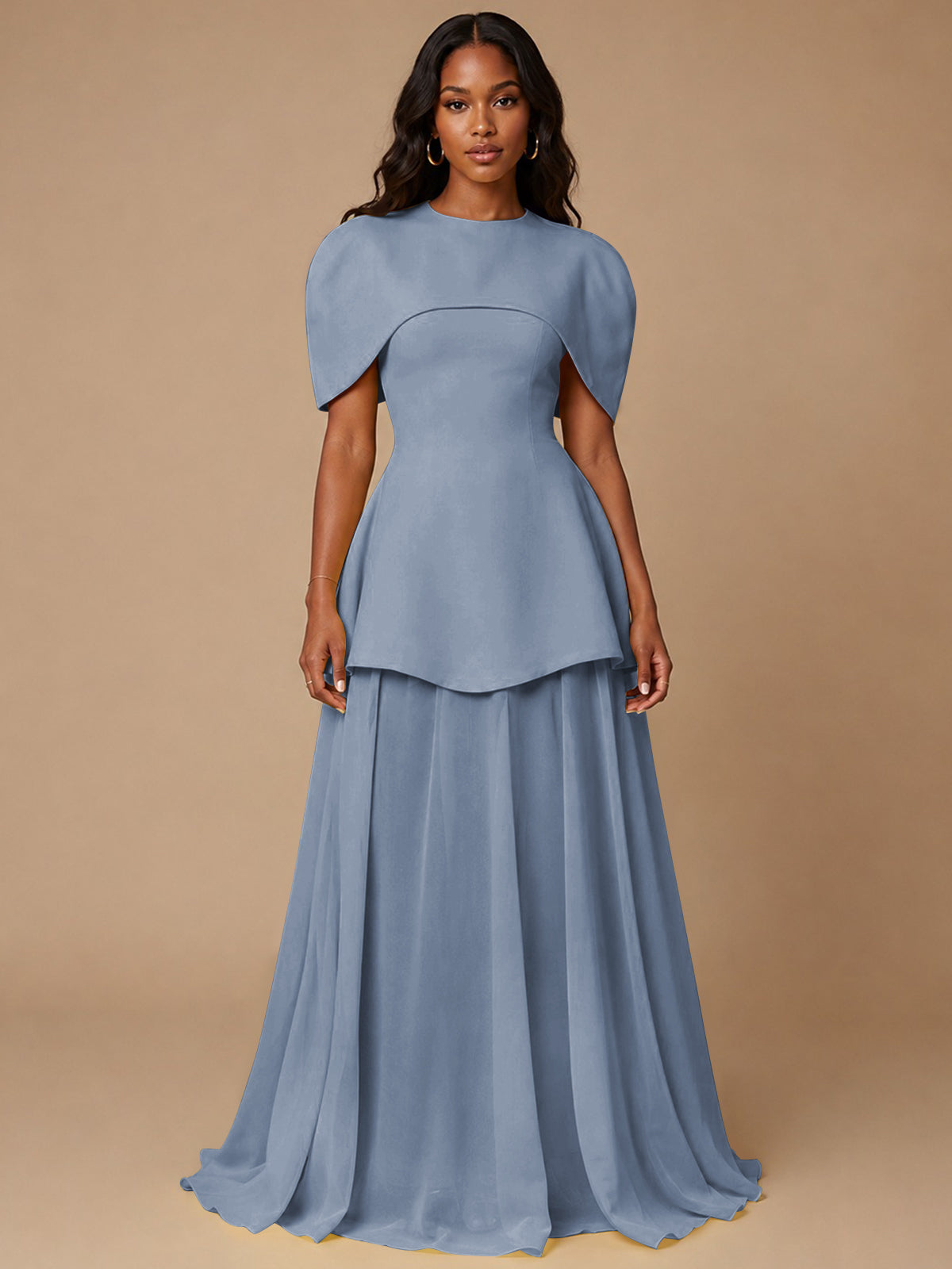 Yellow Cape Sleeve Peplum Maxi Dress