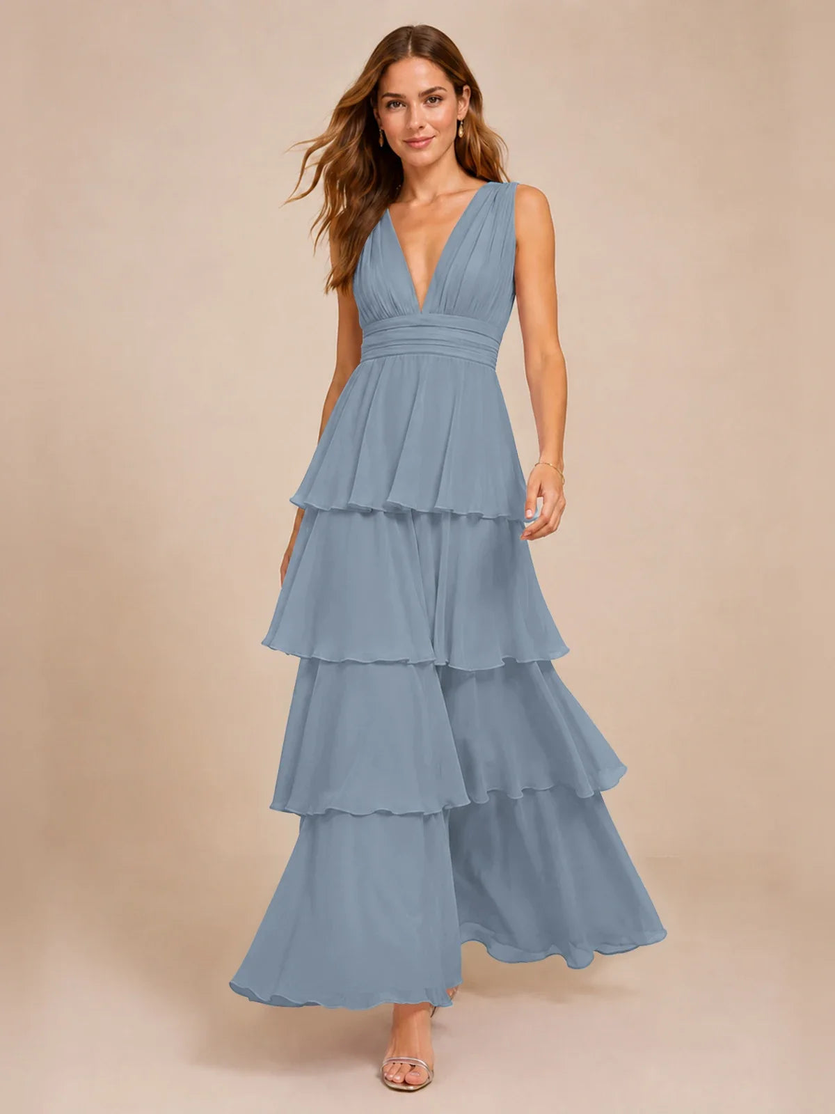 Elegant Deep V Neck Chiffon Bridesmaid Dress with Tiered Ruffles