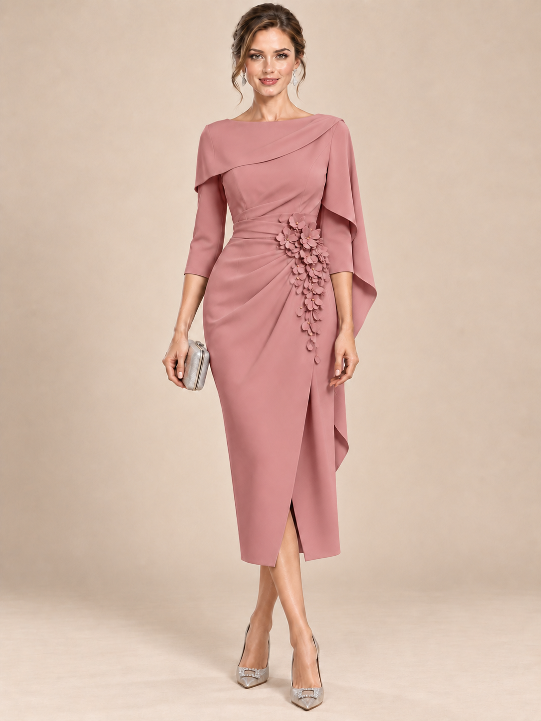 Light Blue Cape Sleeve Mother of the Bride Midi Dress with Floral Applique
